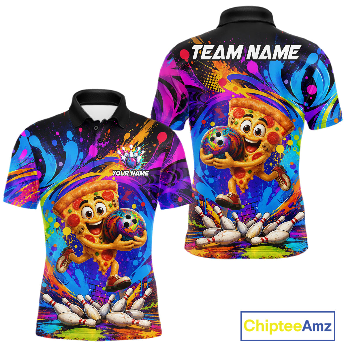 Funny pizza colorful bowling team jersey polo shirt for men featuring a fun pizza bowling design, premium custom bowling league apparel and best bowling gifts.