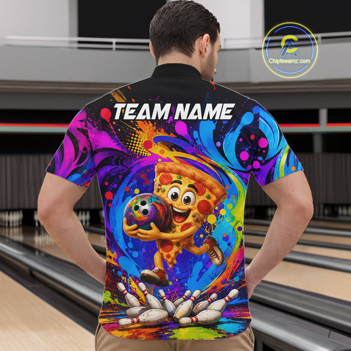 Man wearing funny pizza colorful bowling team jersey quarter zip shirt featuring funny pizza bowling artwork, back view.