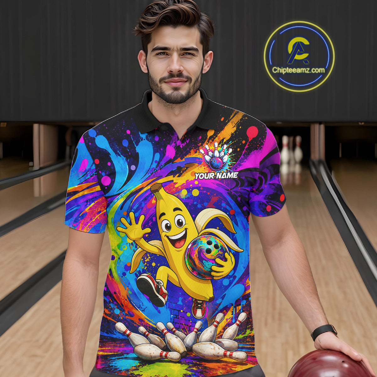 Man wearing funny banana colorful bowling team jersey polo shirt featuring funny banana bowling artwork, front view.