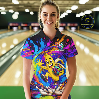 Woman wearing funny banana colorful bowling team jersey polo shirt featuring funny banana bowling artwork, front view.