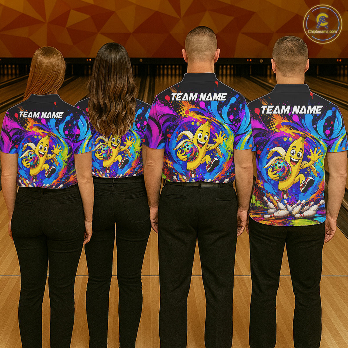 Bowling team wearing matching funny banana colorful bowling team jerseys, back view.