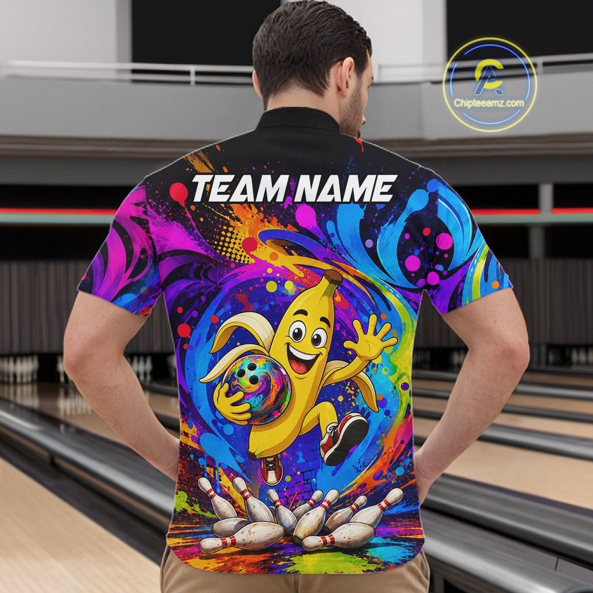 Man wearing funny banana colorful bowling team jersey quarter zip shirt featuring funny banana bowling artwork, back view.