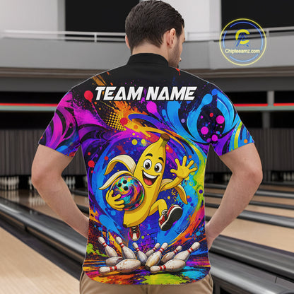 Man wearing funny banana colorful bowling team jersey quarter zip shirt featuring funny banana bowling artwork, back view.