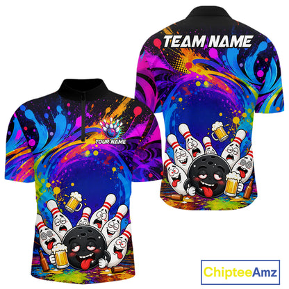Funny drunk bowling pins colorful bowling team jersey quarter zip shirt for men featuring colorful drunk bowling pins artwork, premium custom bowling apparel.