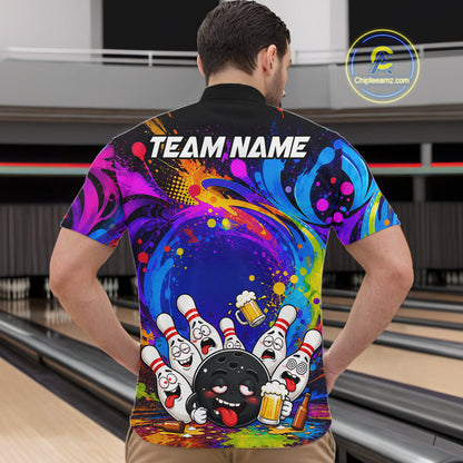 Man wearing funny drunk bowling pins colorful bowling team jersey quarter zip shirt featuring colorful drunk bowling pins artwork, back view.