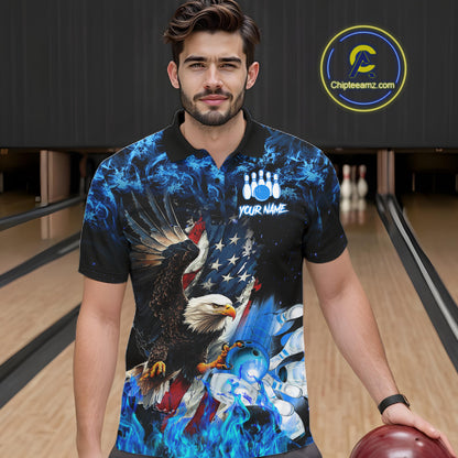 Man wearing blue flame American flag eagle bowling team jersey polo shirt featuring patriotic eagle and American flag artwork, front view.