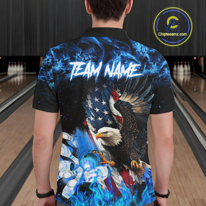 Man wearing blue flame American flag eagle bowling team jersey polo shirt featuring patriotic eagle and American flag artwork, back view.
