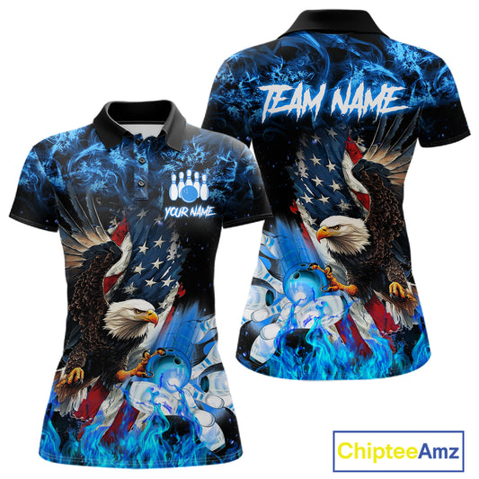 Blue flame American flag eagle bowling team jersey polo shirt for women featuring a patriotic eagle and USA flag design, premium custom bowling league apparel for tournaments and team play.