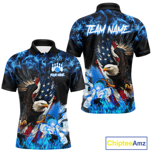 Blue flame American flag eagle bowling team jersey polo shirt for men featuring a patriotic eagle and USA flag design, premium custom bowling league apparel for tournaments and team play.