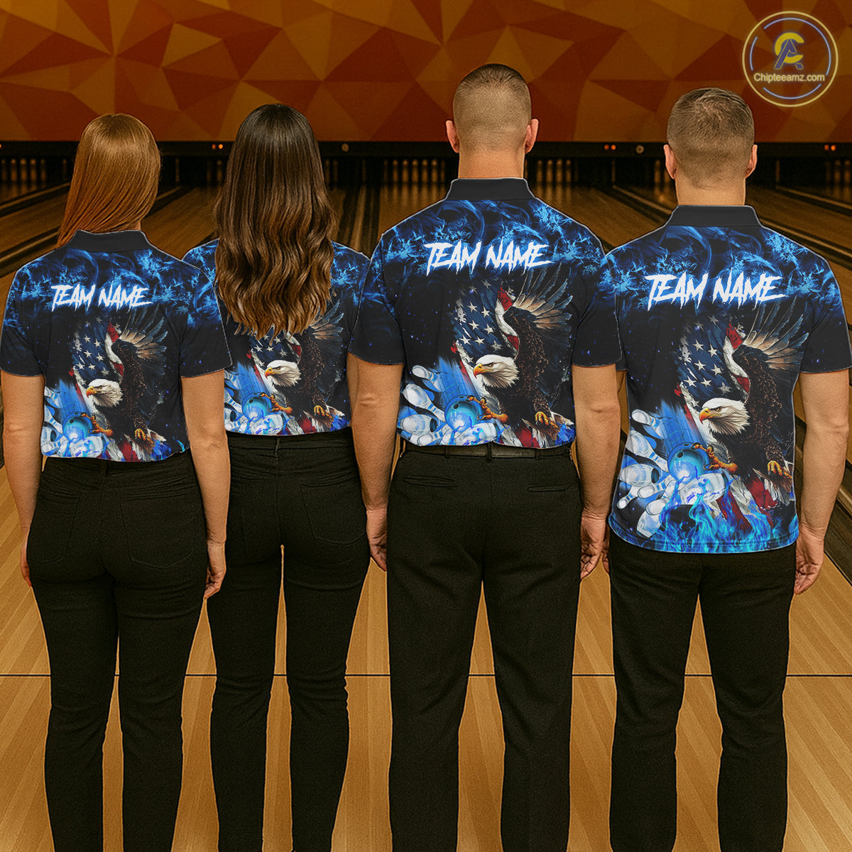 Bowling team wearing matching blue flame American flag eagle bowling team jerseys, back view.