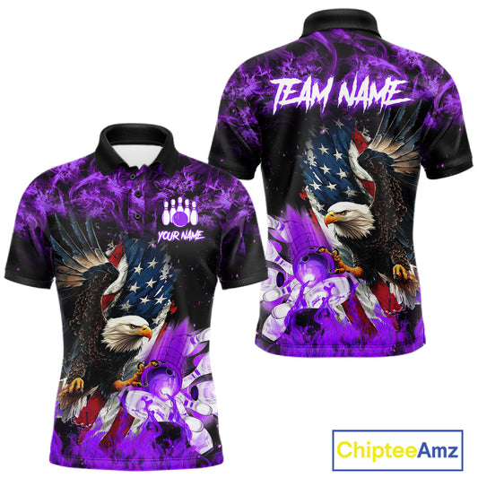 Purple flame American flag eagle bowling team jersey polo shirt for men featuring a patriotic eagle and USA flag design, premium custom bowling league apparel for tournaments and team play.