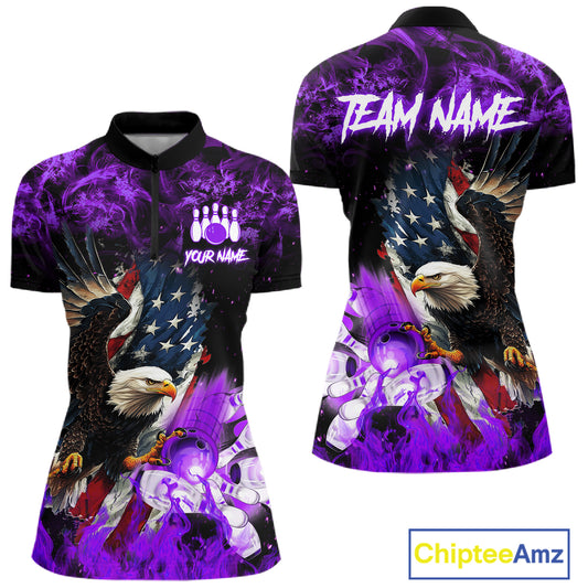 Purple flame American flag eagle bowling team jersey quarter zip shirt for women featuring a patriotic eagle and American flag design, premium custom bowling league apparel.