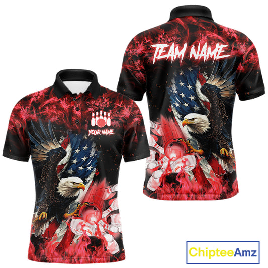 Red flame American flag eagle bowling team jersey polo shirt for men featuring a patriotic eagle and USA flag design, premium custom bowling league apparel for tournaments and team play.
