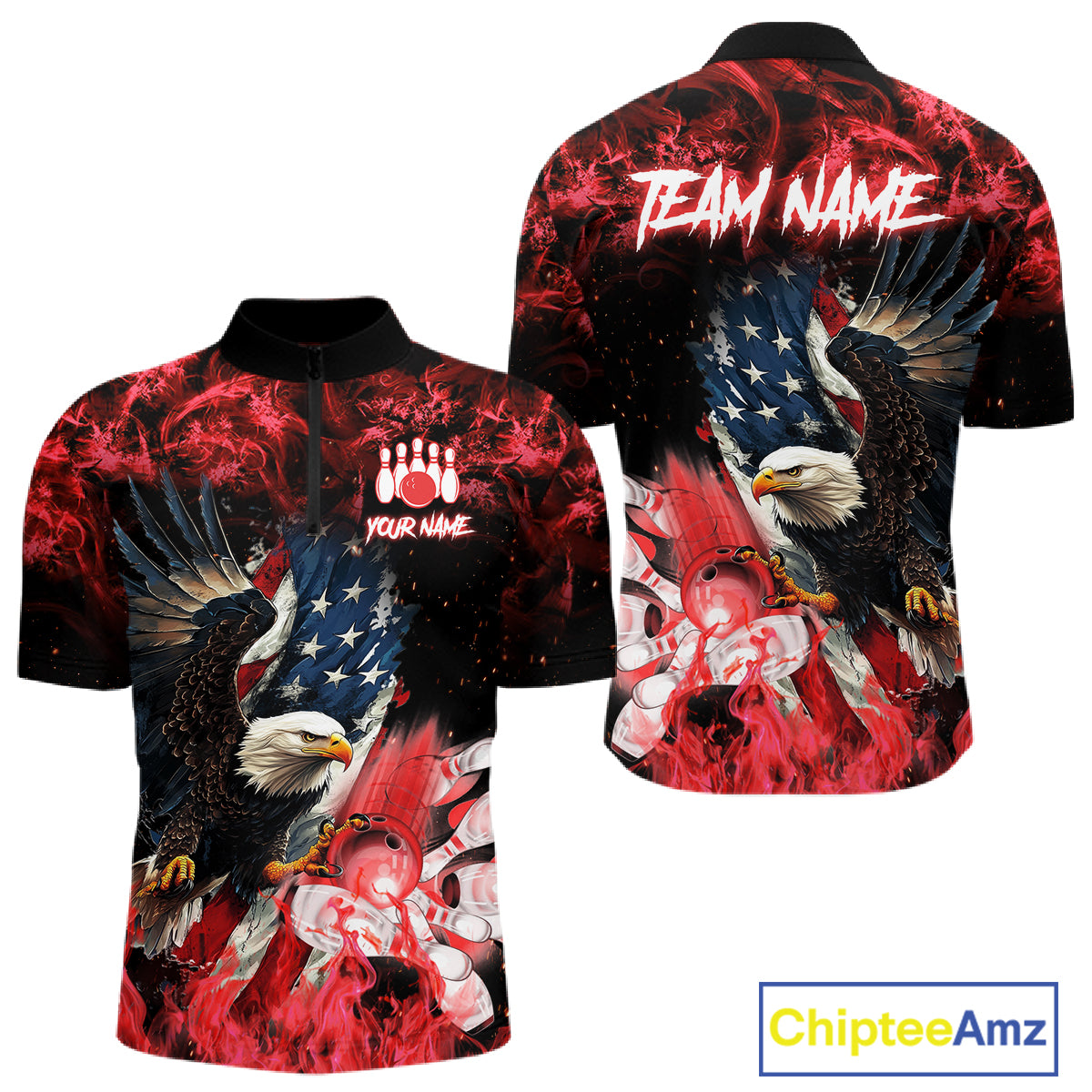 Red flame American flag eagle bowling team jersey quarter zip shirt for men featuring a patriotic eagle and American flag design, premium custom bowling league apparel.