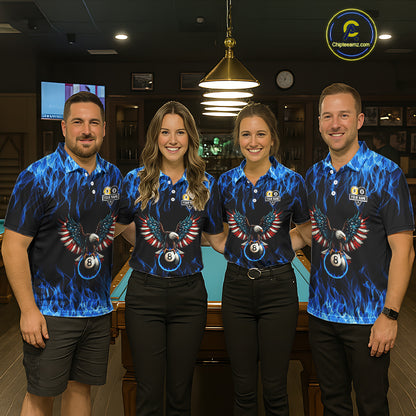 Blue Flaming American Flag Eagle 8 Ball & 9 Ball Billiard Shirt For Men Custom Pool Team Jersey TDM5652