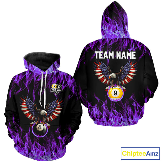 Purple Flaming American Flag Eagle 8 Ball & 9 Ball Pool Hoodie Custom Billiard Hoodie Team Jersey TDM5653