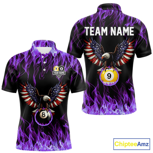 Purple Flaming American Flag Eagle 8 Ball & 9 Ball Billiard Shirt For Men Custom Pool Team Jersey TDM5653