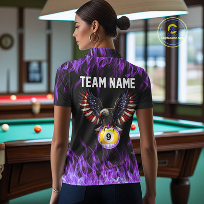 Purple Flaming American Flag Eagle 8 Ball & 9 Ball Billiard Shirt For Women Custom Pool Team Jersey TDM5653