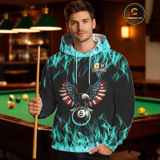 Turquoise Flaming American Flag Eagle 8 Ball & 9 Ball Pool Hoodie Custom Billiard Hoodie Team Jersey TDM5654