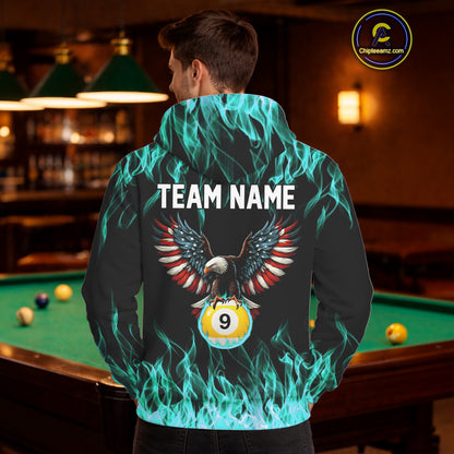 Turquoise Flaming American Flag Eagle 8 Ball & 9 Ball Pool Hoodie Custom Billiard Hoodie Team Jersey TDM5654