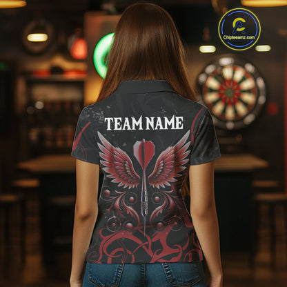 Black And Red Custom Wings Darts Shirts For Women, Darts Jersey Pocket Option TDM3839