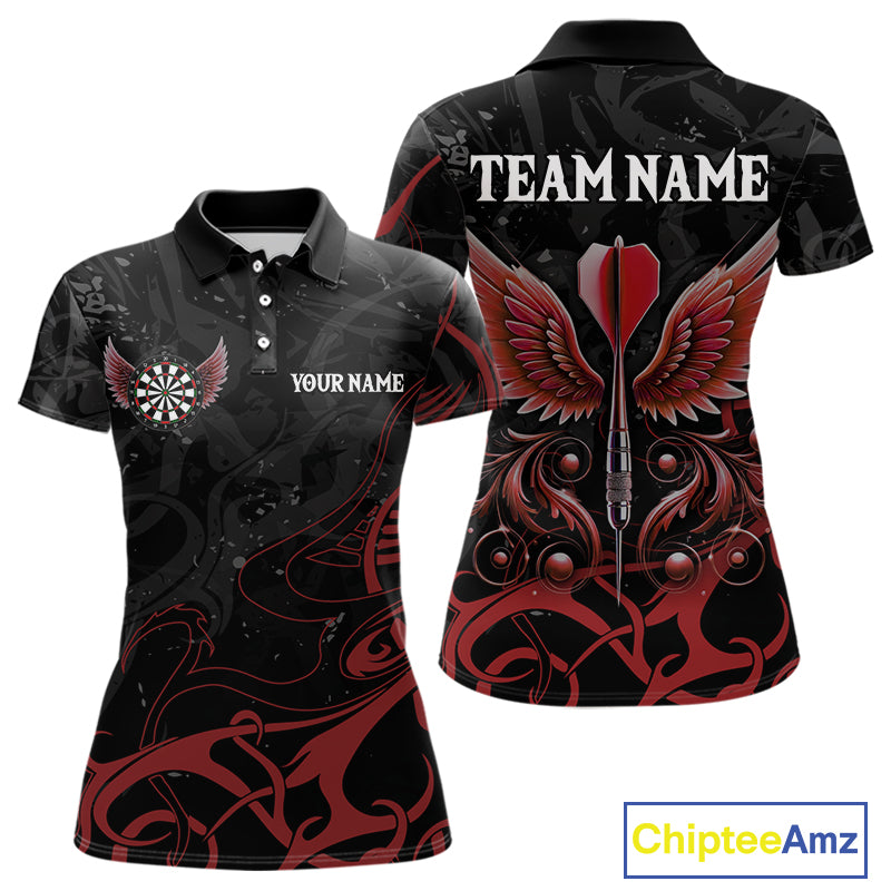 Black And Red Custom Wings Darts Shirts For Women, Darts Jersey Pocket Option TDM3839