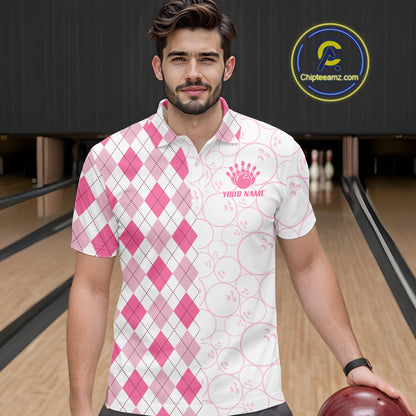 Personalized Pink Argyle Bowling Jersey For Men Custom Bowling Shirt Team Polo & 1/4 Zip TDM6265