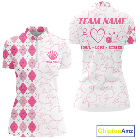 Personalized Pink Argyle Bowling Jersey For Women Custom Bowling Shirt Team Polo & 1/4 Zip TDM6265