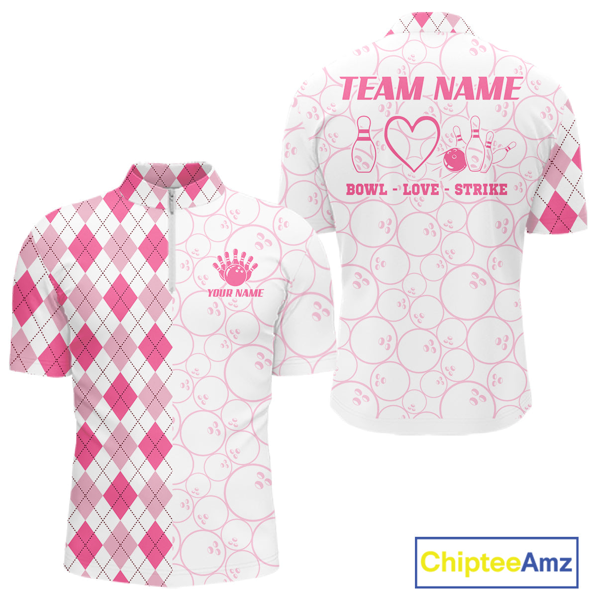 Personalized Pink Argyle Bowling Jersey For Men Custom Bowling Shirt Team Polo & 1/4 Zip TDM6265