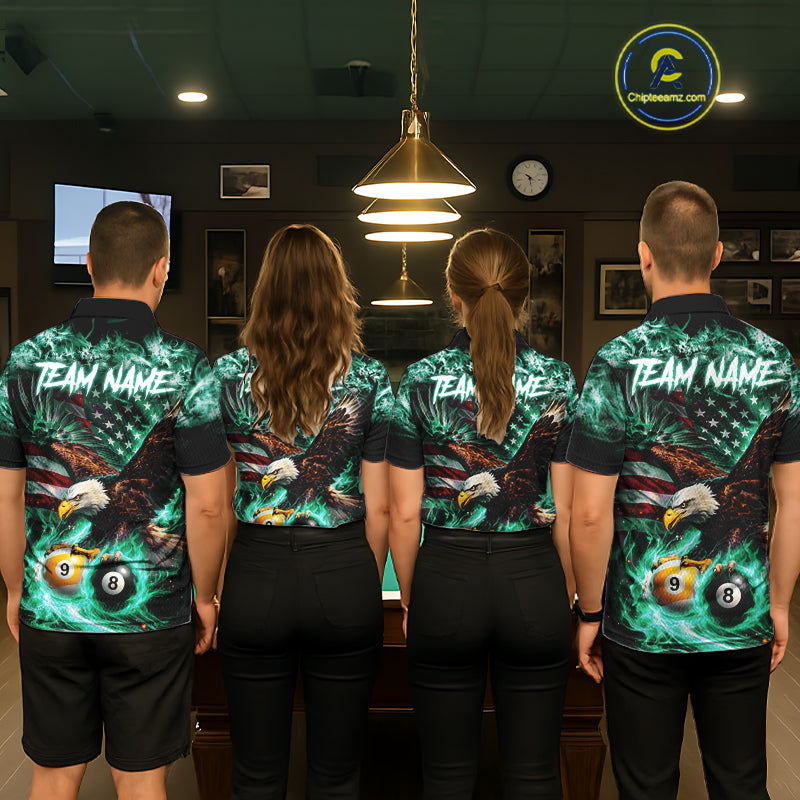 Turquoise Flaming Eagle 8 Ball 9 Ball Pool Billiard Shirt For Men Custom US Flag Billiard Jersey TDM7162
