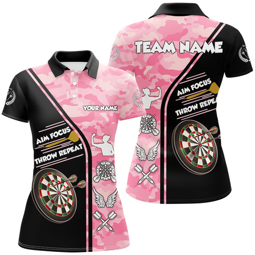 Aim Focus Throw Repeat Custom Pink Camouflage Darts Shirts For Women, Funny Saying Dart Jerseys TDM2930