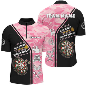 Aim Focus Throw Repeat Custom Pink Camouflage Darts Shirts For Men, Funny Saying Dart Jerseys TDM2930