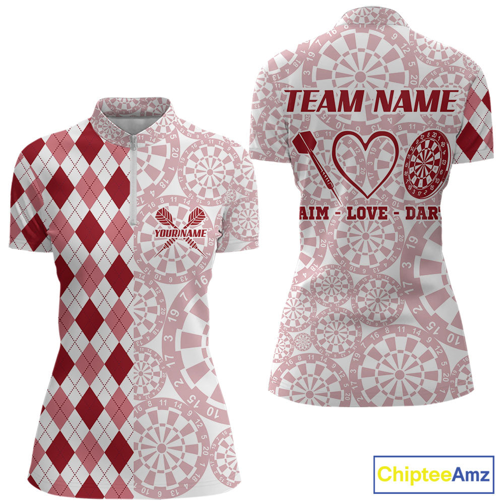 Aim Love Darts Custom Red Argyle Women Darts Polo & 1/4 Shirts, Funny Darts Shirts Darts Team Jersey TDM5661