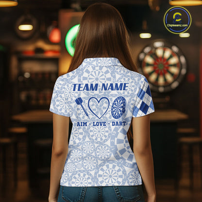 Aim Love Darts Custom Blue Argyle Women Darts Polo & 1/4 Shirts, Funny Darts Shirts Dart Team Jersey TDM5663