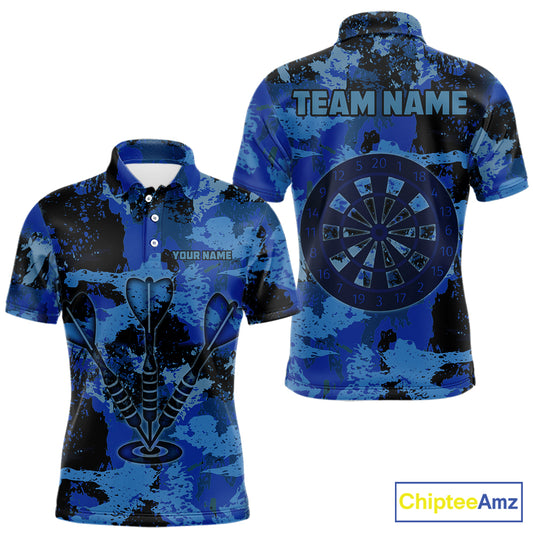 Custom Grunge Blue Camo Arrow Darts Shirts For Men, Retro Darts Jersey Team Polo & 1/4 Zip TDM5664