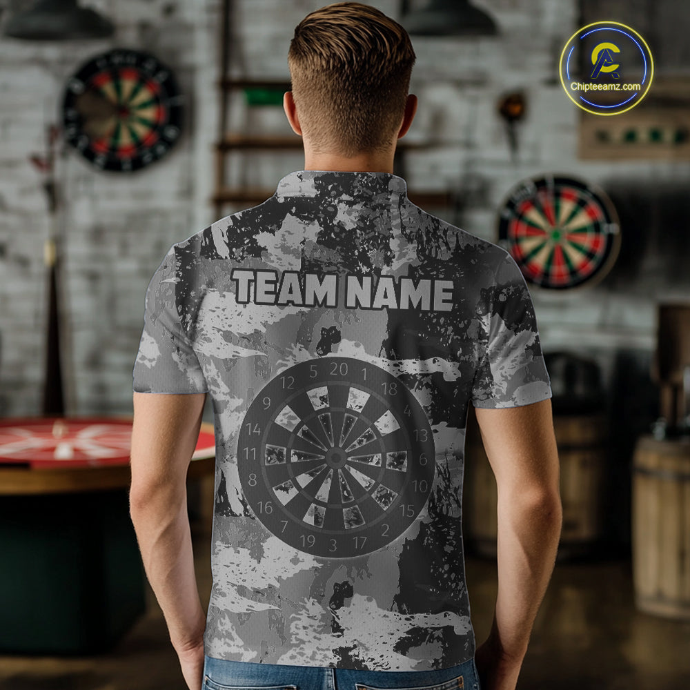 Custom Grunge Grey Camo Arrow Darts Shirts For Men, Retro Darts Jersey Team Polo & 1/4 Zip TDM5665
