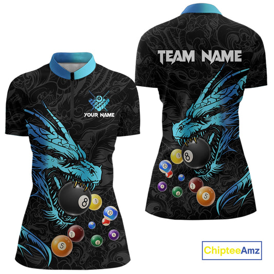 Personalized Black And Blue Dragon Billiard Balls Pool Shirts For Women, Billiard League Team Jersey TDM3852