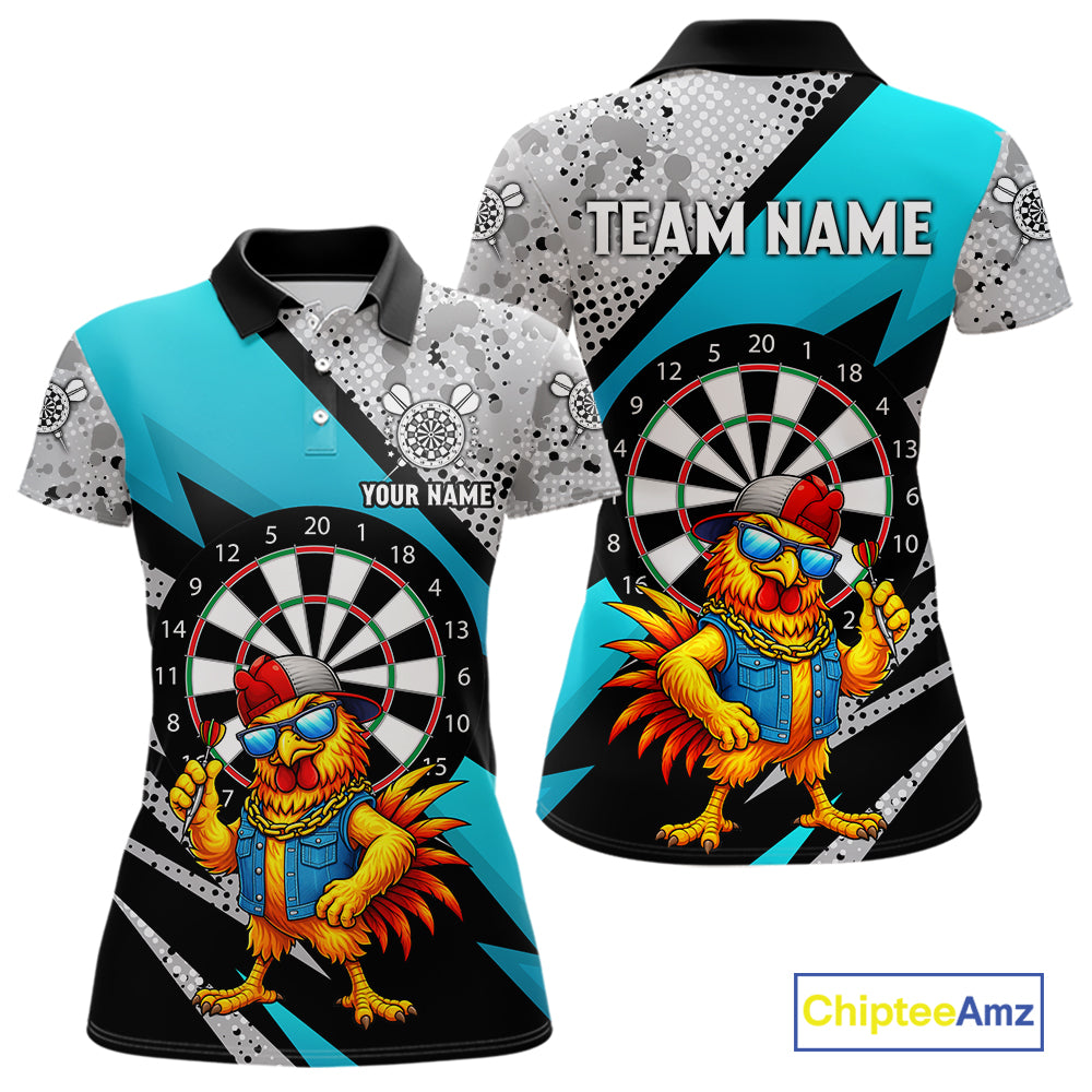 Personalized Rooster Funny Darts Shirt For Women Custom Darts Team Jersey Polo & 1/4 Zip |Blue TDM6279