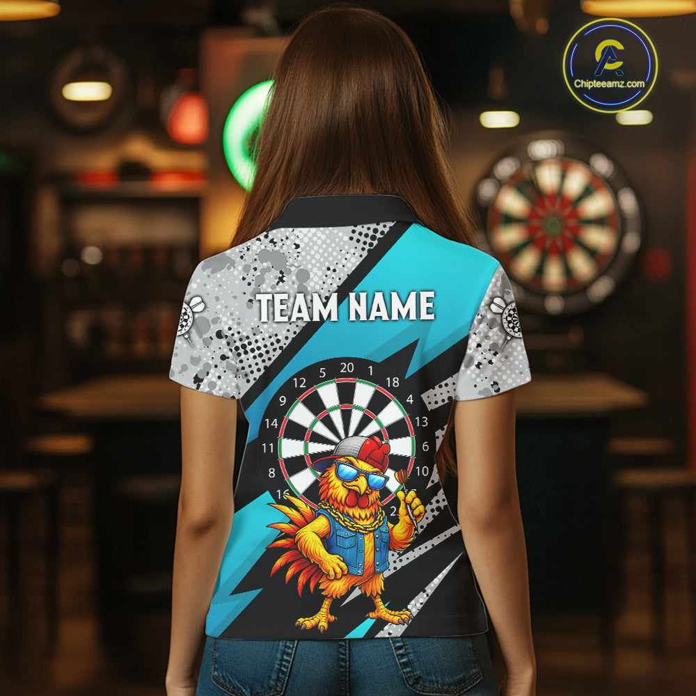 Personalized Rooster Funny Darts Shirt For Women Custom Darts Team Jersey Polo & 1/4 Zip |Blue TDM6279