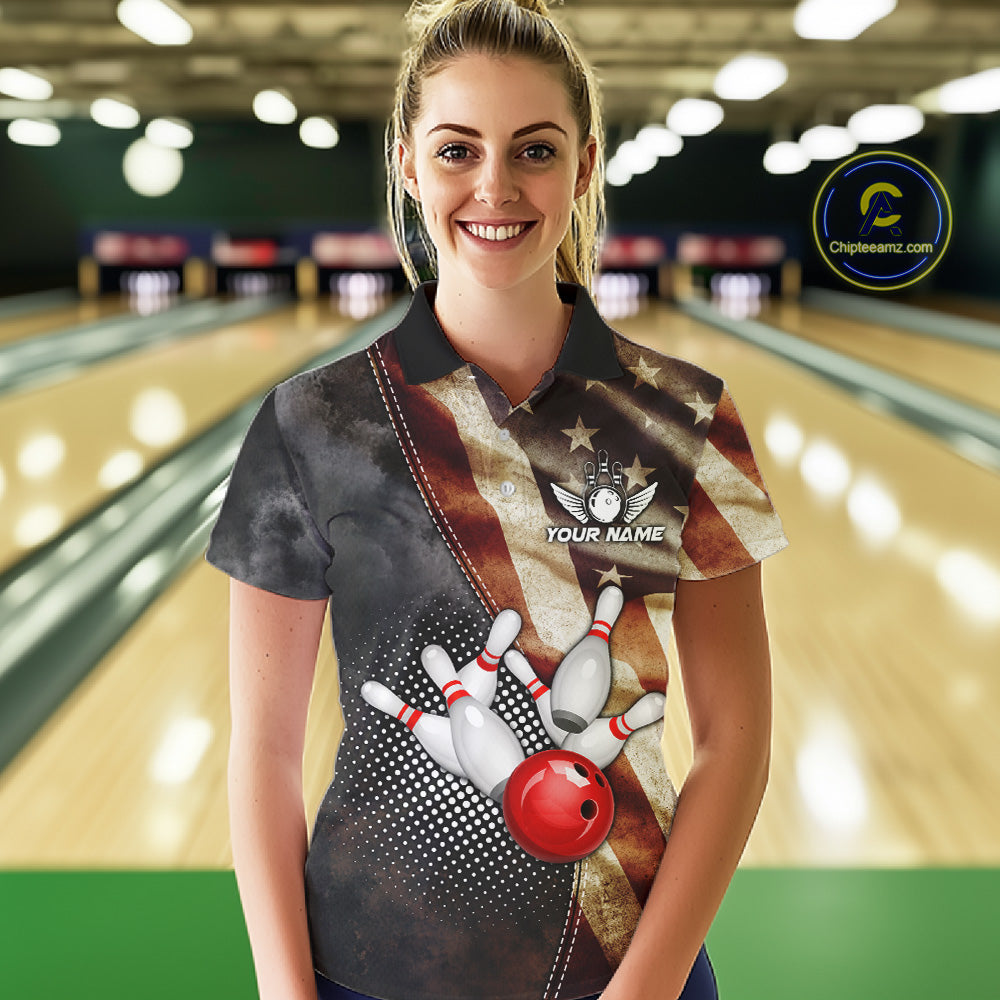 Woman wearing a retro American flag bowling polo shirt at a bowling alley front view.