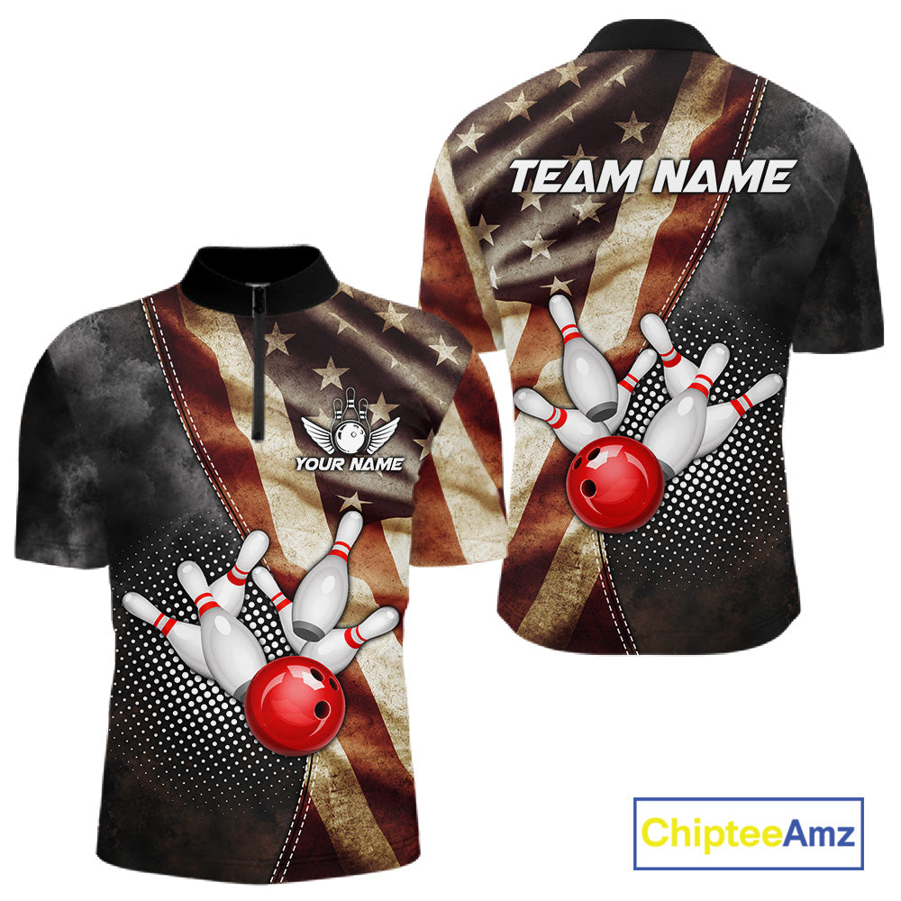 Retro American flag bowling quarter zip shirt for men built for league play and tournaments.
