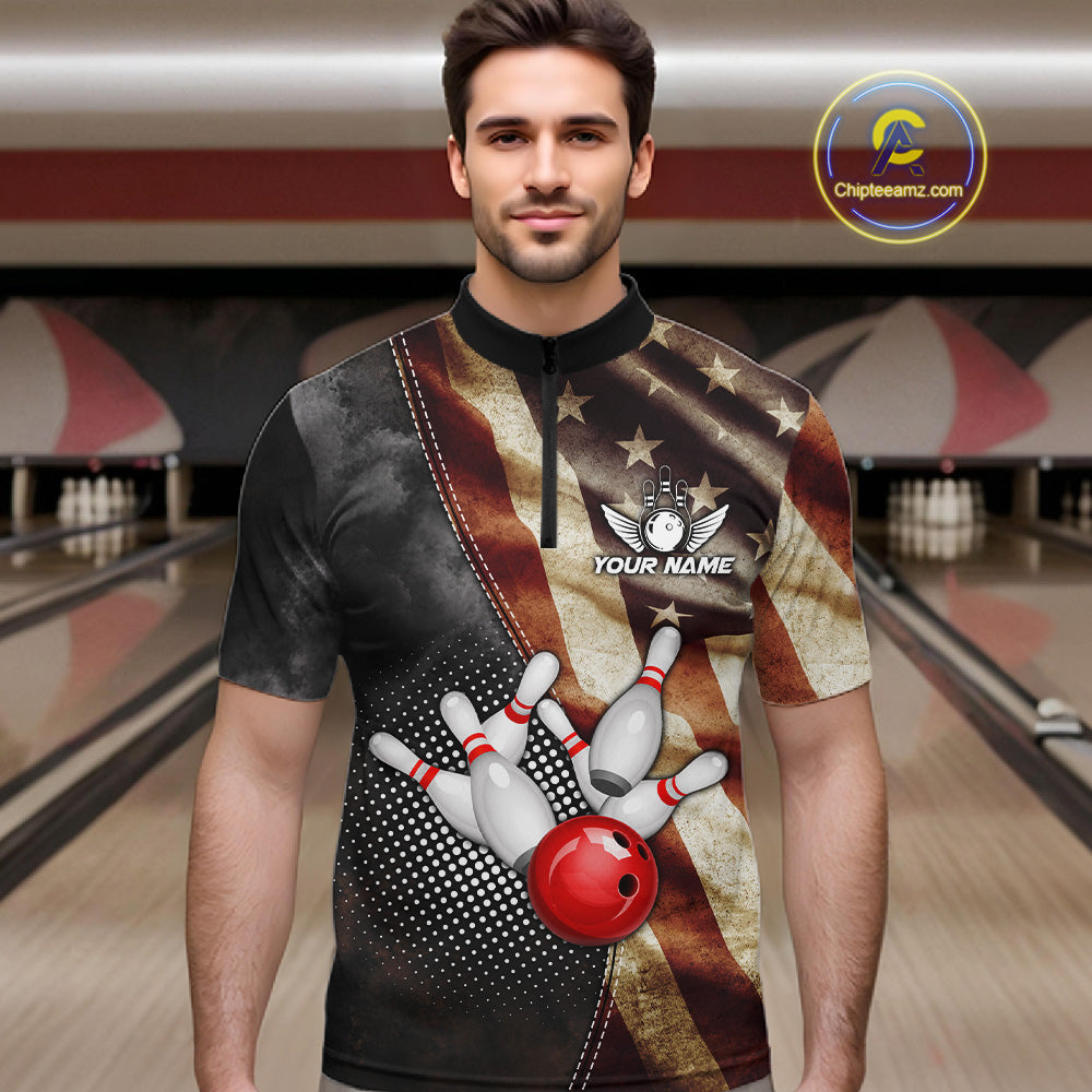 Man wearing a retro American flag bowling quarter zip jersey during tournament play front view.