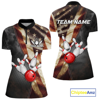 Retro American flag bowling quarter zip shirt for women built for league play and tournaments.