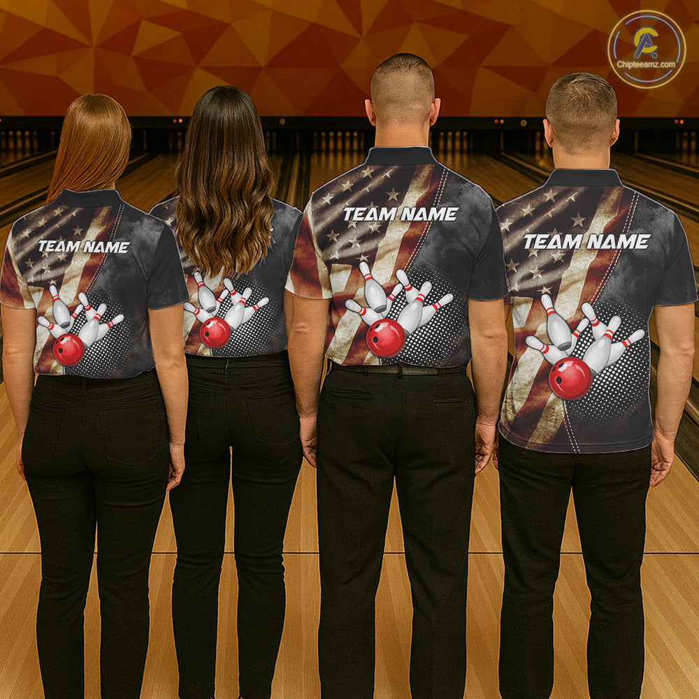 Back view of bowling team wearing matching patriotic bowling shirts in a bowling alley.