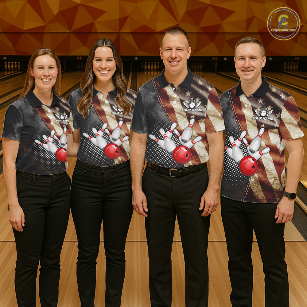 Bowling team wearing matching retro American flag bowling jerseys during league competition front view.