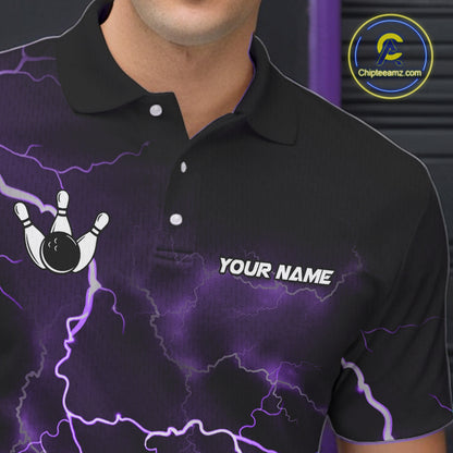 Personalized Thunder Lightning Tornado Funny Bowling Shirt For Men, Bowling Team Jersey |Purple TDM5394