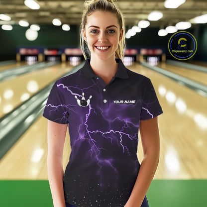 Personalized Thunder Lightning Tornado Funny Bowling Shirt For Women, Bowling Team Jersey |Purple TDM5394