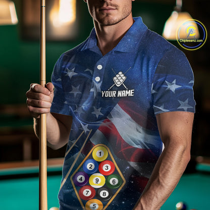 American Flag Blue Galaxy Billiard Shirt For Men Custom 9 Ball Pool Team Jersey Polo & 1/4 Zip TDM5886