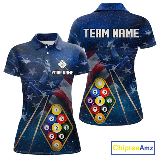 American Flag Blue Galaxy Billiard Shirt For Women Custom 9 Ball Pool Team Jersey Polo & 1/4 Zip TDM5886