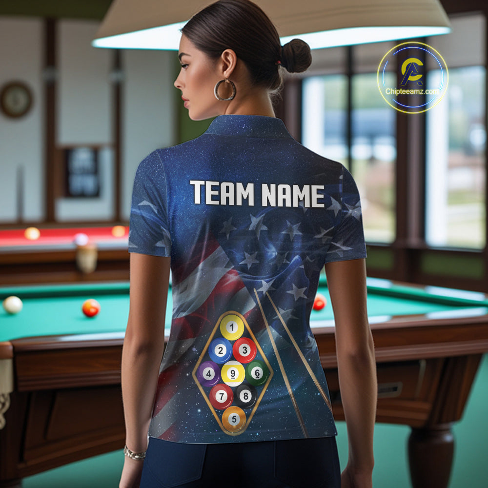 American Flag Blue Galaxy Billiard Shirt For Women Custom 9 Ball Pool Team Jersey Polo & 1/4 Zip TDM5886